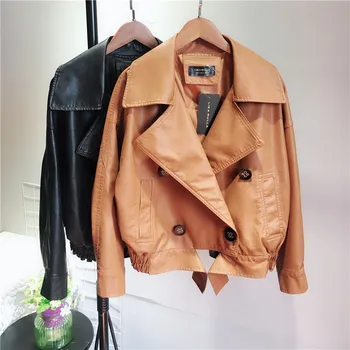

Europe and America new leather suit collar loose big yards bat sleeve female simple machine wagon jacket lapel jacket
