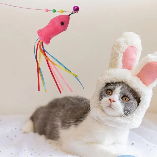 Elastic Metal Boom Tease Cat Stick Funny Wand Toy + 3 Pcs Replaceable Plush Fake Fishes Interactive With Kitten Pets Make Fun 4