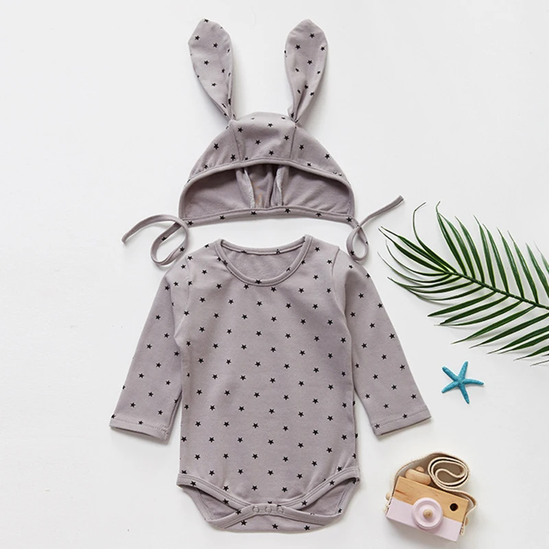 Korean Japan Style Baby Girls Rompers Newborn Baby Girls Long Sleeve Romper Lovely Rabbit Ear Hat Jumpsuit Kids Outfit Clothes