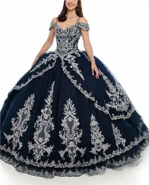 navy blue Сверкающие шикарные темно-синие тюлевые Бальные платья на бретельках с цветочной аппликацией многоуровневые элегантные платья - Цвет: navy blue