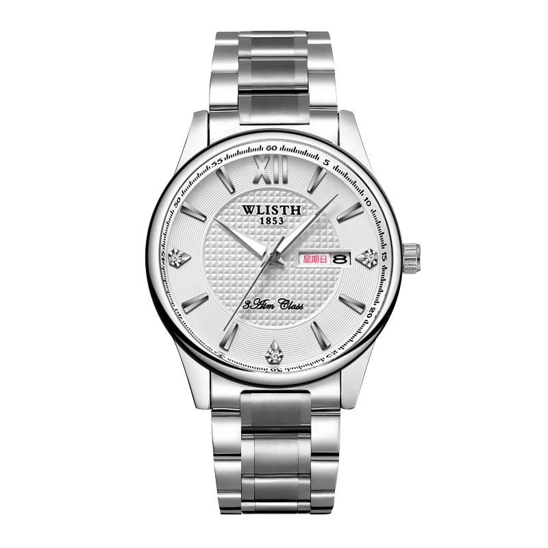 Men's Calendar Waterproof Couple Stainless Steel Band Belt Quartz Watch Men's Fashion Business Casual Women's Quartz Wrist Watch - Color: Silver