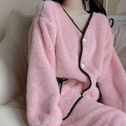 Autumn Winter Pink Pajamas Set For Women 2Piece /Set Pyjamas Suit Long Sleeves Coral Fleece Sleepwear Homewear Clothes