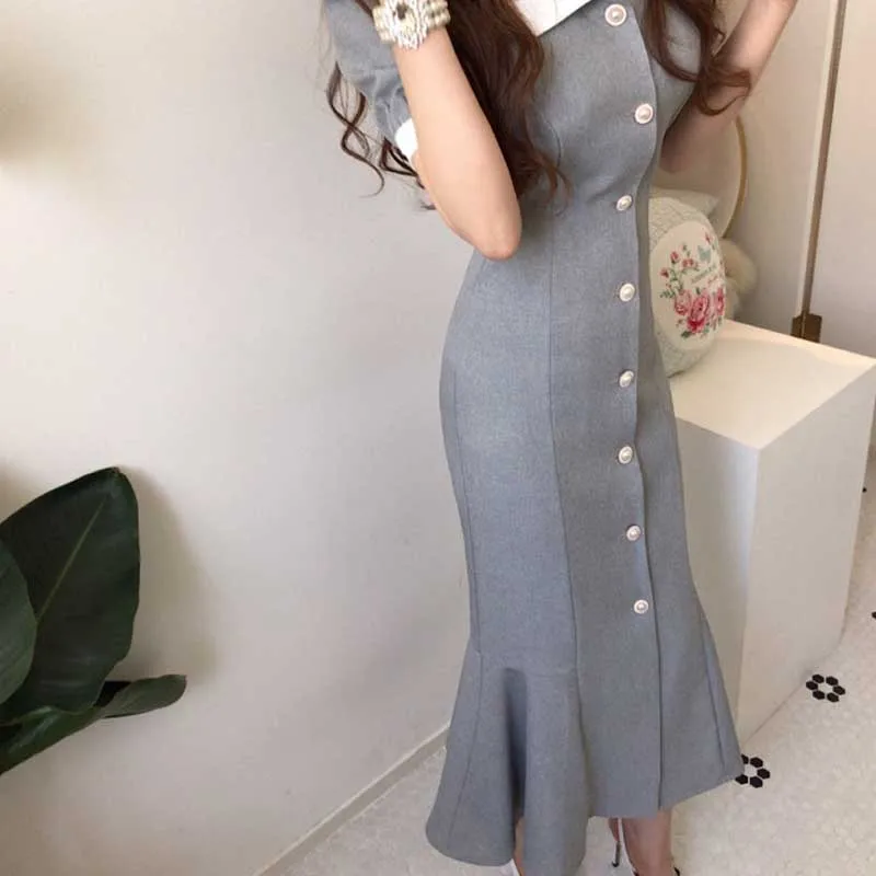 Woman One-Piece Dress 2020 Summer New French Pearl Button Fishtail Stitching Slim Puff Sleeve Dress Lady Korean Elegant Dresses