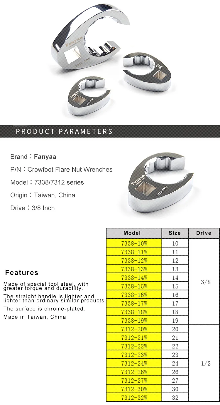 Fanyaa Flare Nut Clamp Tool Plum Open End Tubing Wrench Head 1/2 Inch 20-32mm Individual Hand Tool Fully Polished Chrome Plated