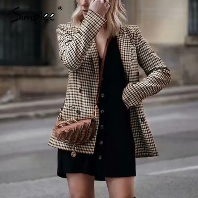 US $26.86 Simplee Fashion double breasted plaid blazer Female long sleeve office ladies blazer 2018 Autumn ja