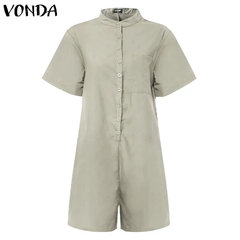 Beige Комбинезоны для женщин, комбинезоны VONDA размера плюс, повседневные Комбинезоны, женские комбинезоны с коротким рукавом, сексуальные повседневные однотонные шорты с v-образным вырезом - Цвет: Beige