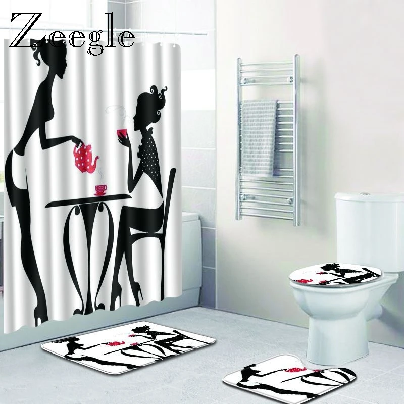 Zeegle Набор ковриков для ванной и занавесок для ванной, крышка для унитаза, занавеска для душа с крючками, коврик для ванной комнаты, 4 шт