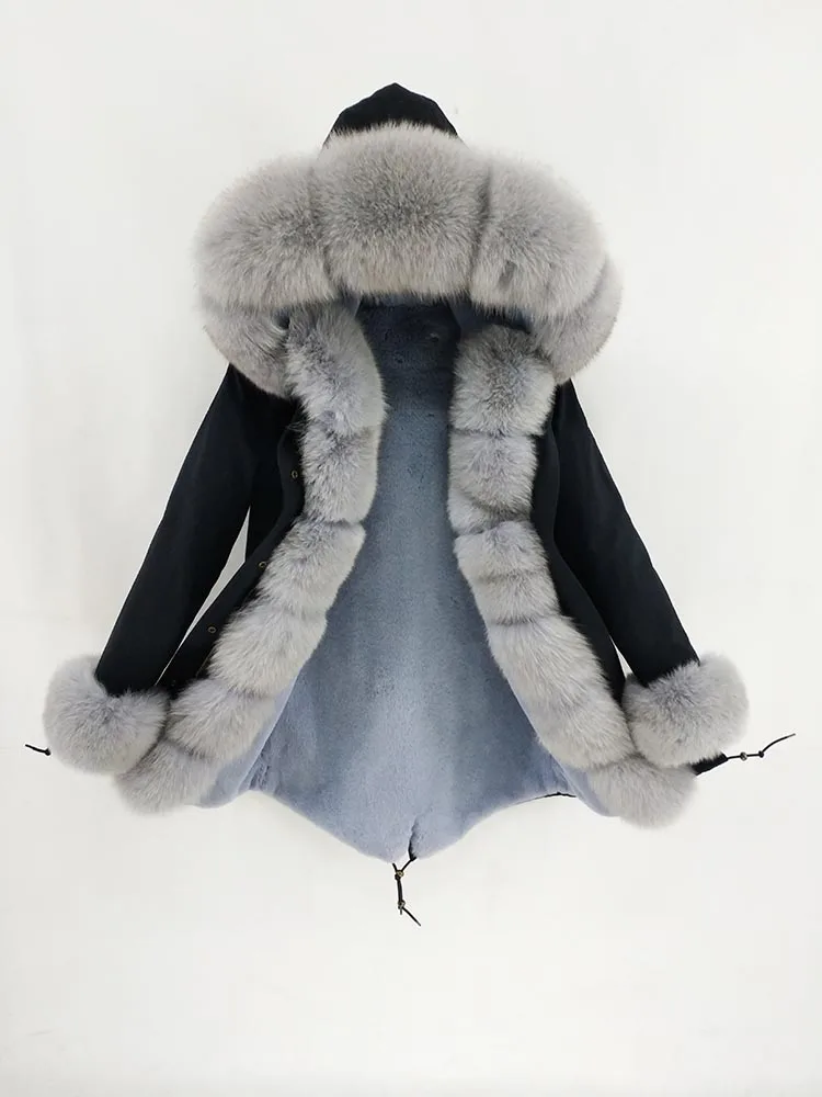 Зимняя новая женская теплая куртка из искусственного меха кролика, теплая парка, пальто женские куртки и пальто с лисой, меховой капюшон, воротник, толстые пальто