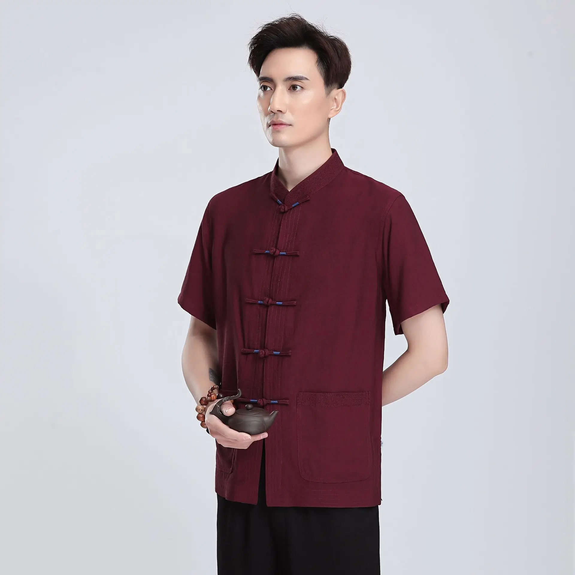 Chinese-style Chinese Style Flax 2816-2 Chinese Costume MEN'S Short Sleeved Tops Middle-aged Short-sleeved Shirt/Set
