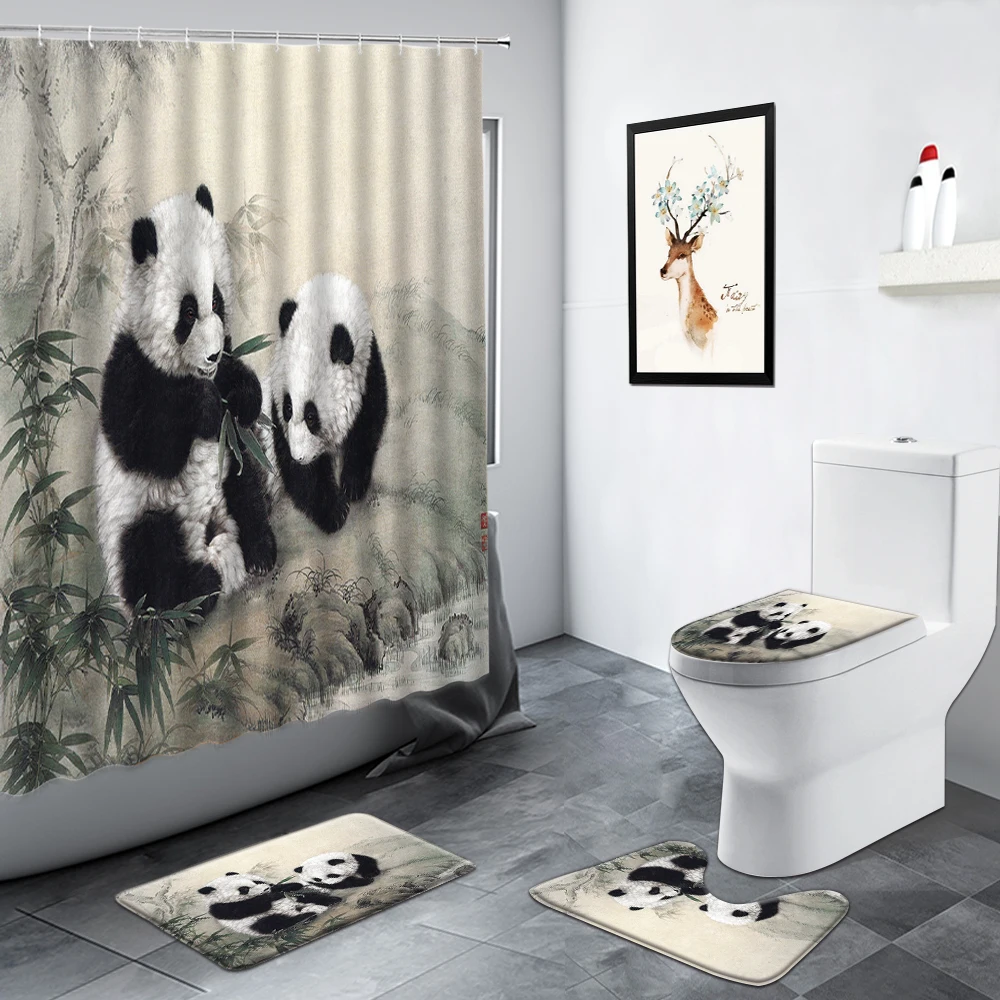 Cute Panda And Green Bamboo Bathroom Shower Curtain Set Fabric 71In &12 Hooks 