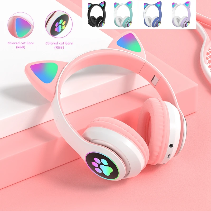 Glowing Light Cute Cat Bluetooth Kid Headphone with Mic Can Close LED Girls Music Bass Helmet Phone Tablet Wireless Headset Gift