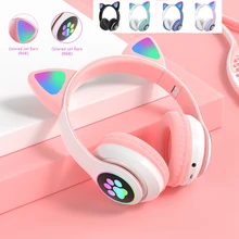 Glowing Light Cute Cat Bluetooth Kid Headphone with Mic Can Close LED Girls Music Bass Helmet Phone Tablet Wireless Headset Gift
