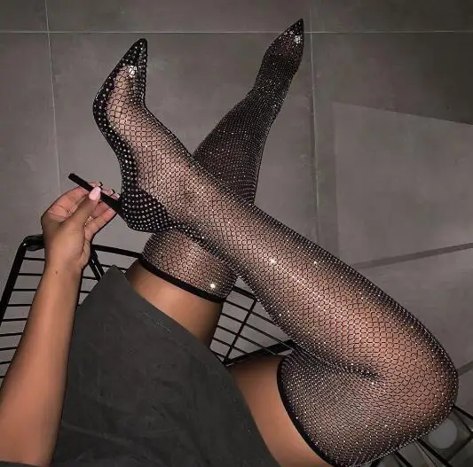 

Black Bling Bling Sequins Diamond Fishnet Cuts Out Sexy PVC Clear Pointed Toe Heel-Strap Over The Knee Thigh Socks Boots Woman