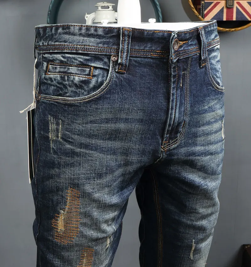 Fashion Streetwear Men Jeans Embroidery Designer Slim Fit Ripped Jeans High Quality Retro Blue Destroyed Hip Hop Jeans Men