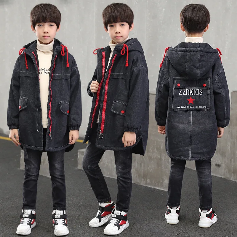 Длинная одежда для маленьких мальчиков джинсовые куртки для мальчиков-подростков 10, 11, 9 лет однотонная детская зимняя куртка черного цвета пальто для мальчиков roupa infantil