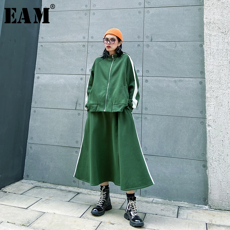 [EAM] зеленая полубори юбка из двух частей костюм стоячий воротник длинный рукав черный свободный крой Женская мода весна осень 1M636