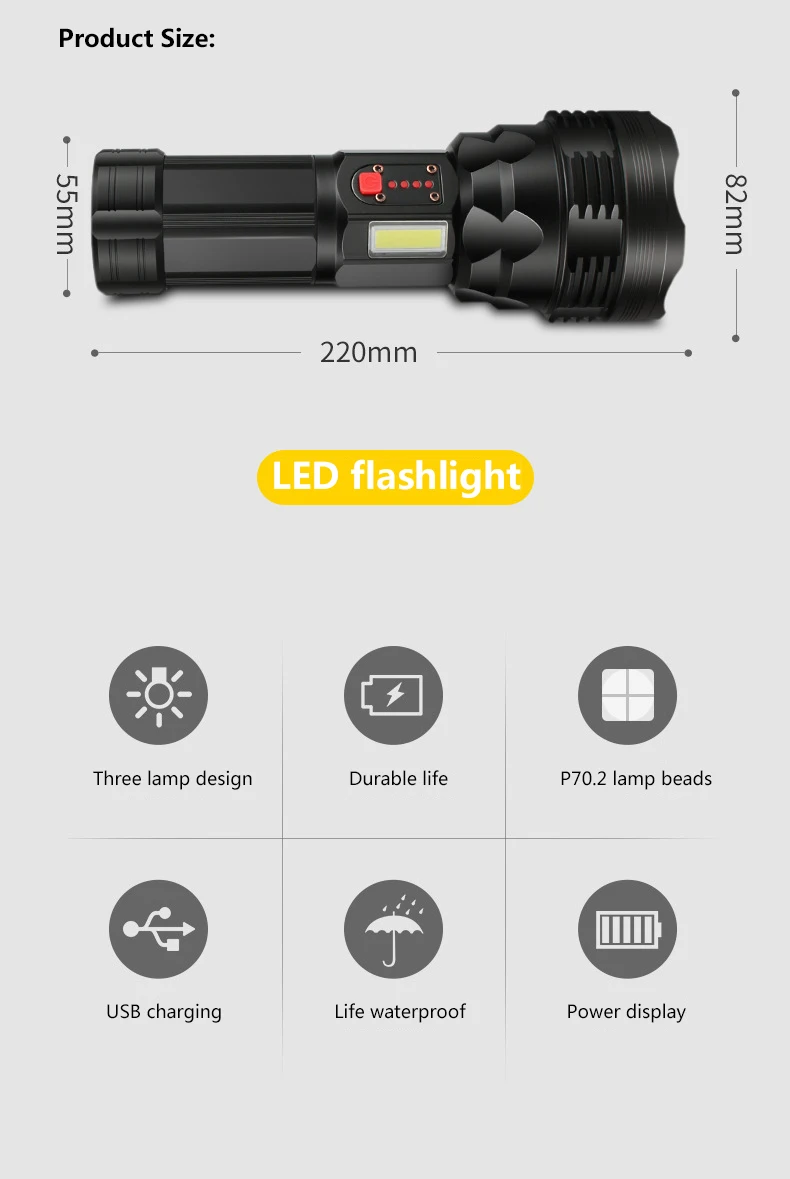 Тактический фонарь Cree xhp70.2, перезаряжаемый, длинный, 4200 люменов, 8000 мАч, большая емкость, литиевая батарея, мощный светодиодный фонарь