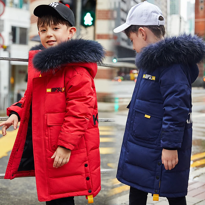 

2019 Fashion Boy Down Jackets Warm Long Model Children Down Parkas Coats Fur Kids Teenager Thickening Outerwear For Cold Winter