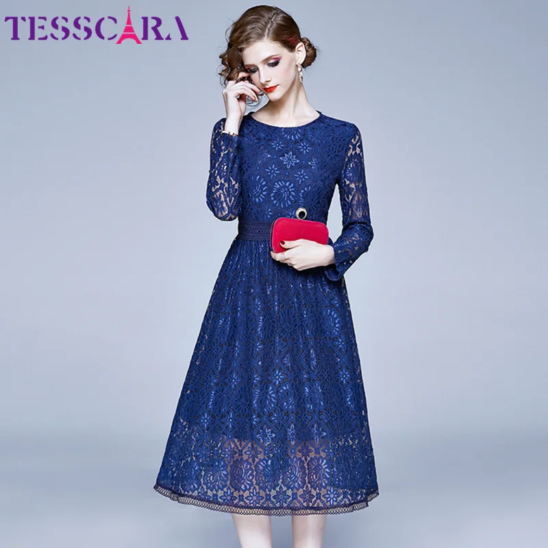 Dark Blue TESSCARA женское осеннее элегантное Голубое Кружевное платье Festa, женские офисные вечерние платья, высокое качество, Дизайнерские Длинные коктейльные платья - Цвет: Dark Blue