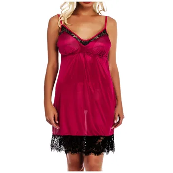 

New Fashion Sexy Women Lingerie Nightwear V-neck Patchwork Sleeveless Backless Strap Lace Trim Satin Top Sleepwear Nightdress