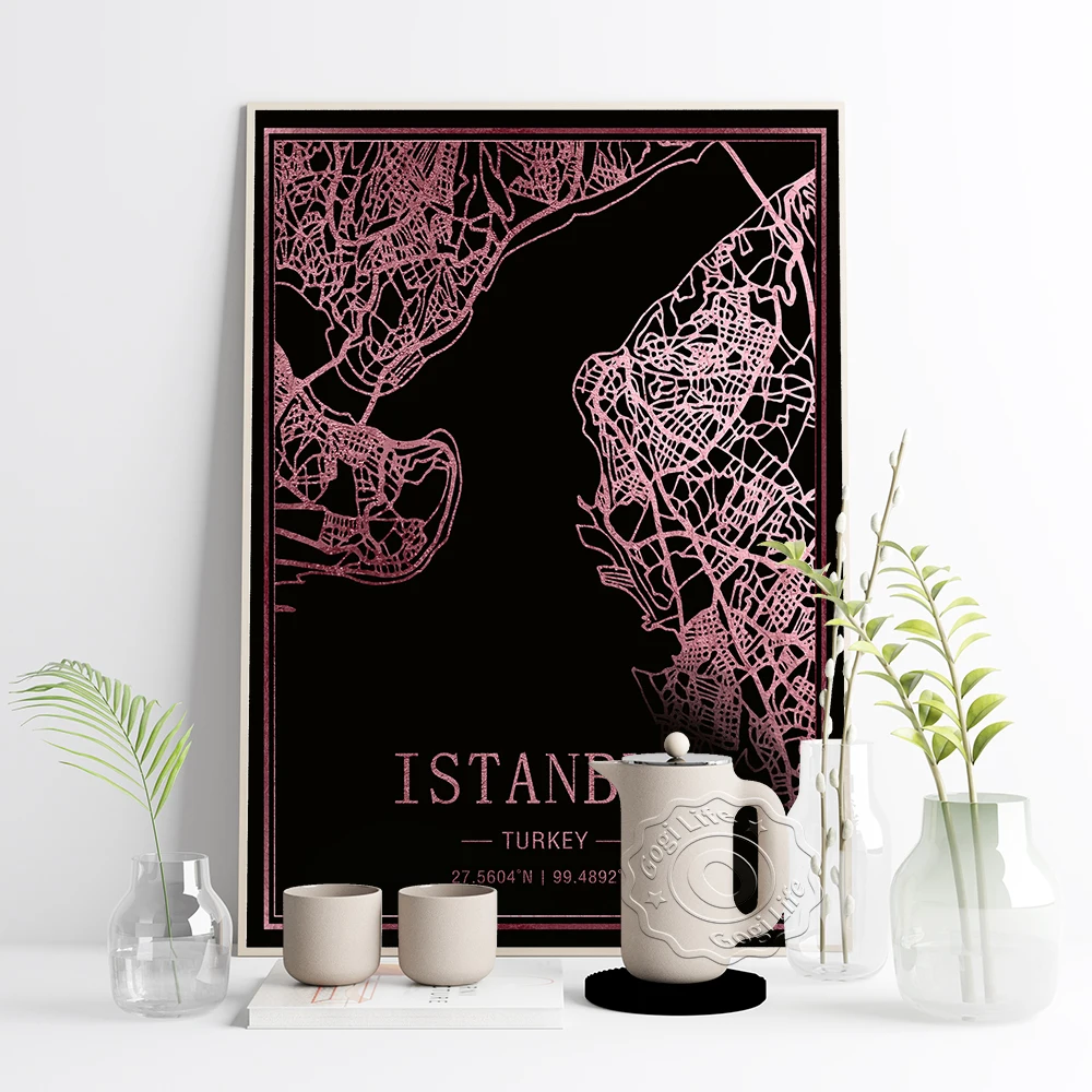 Affiche imprimée de carte de ville touristique du monde, cartes d'art originales d'istanbul et de turquie, affiche d'arrière-plan sombre avec lignes fluorescentes