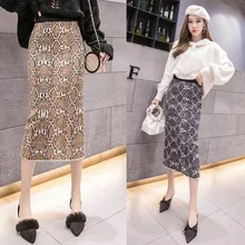 Юбка на бедрах, длинная юбка на один шаг, осенняя и зимняя юбка с леопардовым принтом, юбка, юбка с надписью, Женская юбка с разрезом