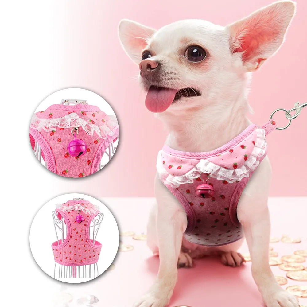 Vest Small Dog Cat Harness Halter Lead Pink Strawberry Bell Design Breathable Mesh Cloth Harnesses For Dogs Pet Puppy Supplies