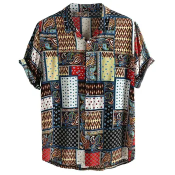 

2019 New Summer Shirts Mens Vintage Ethnic Style Printing Loose Short Sleeve Stand Collar Casual Tops camisa masculina