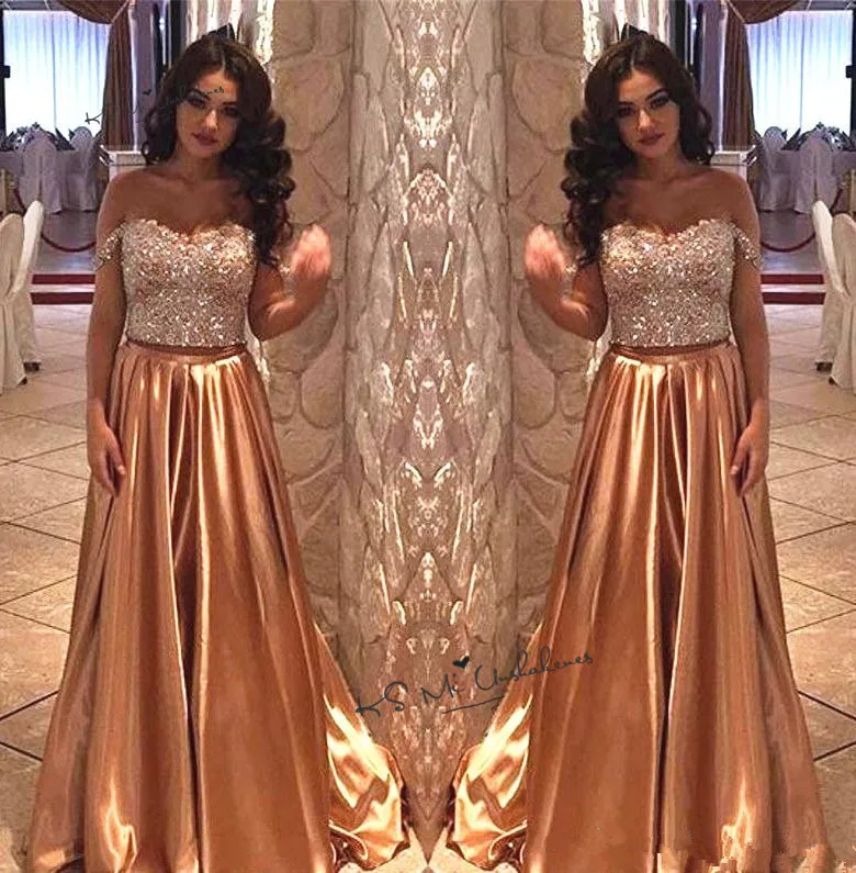 Сексуальные золотые Выпускные платья из двух частей Sparky Vestido de Festa, вечерние платья, вечерние платья с блестками и открытыми плечами