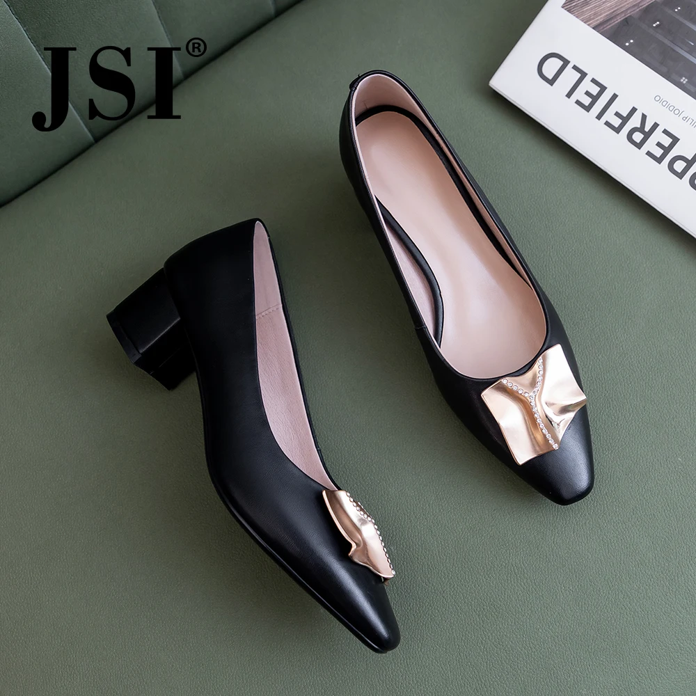 

JSI 33-44 White Genuine Leather Pumps Spring New Fashion Elegant Square Toe Women Shoes Comfortable Mid Heel Pumps Black jo407