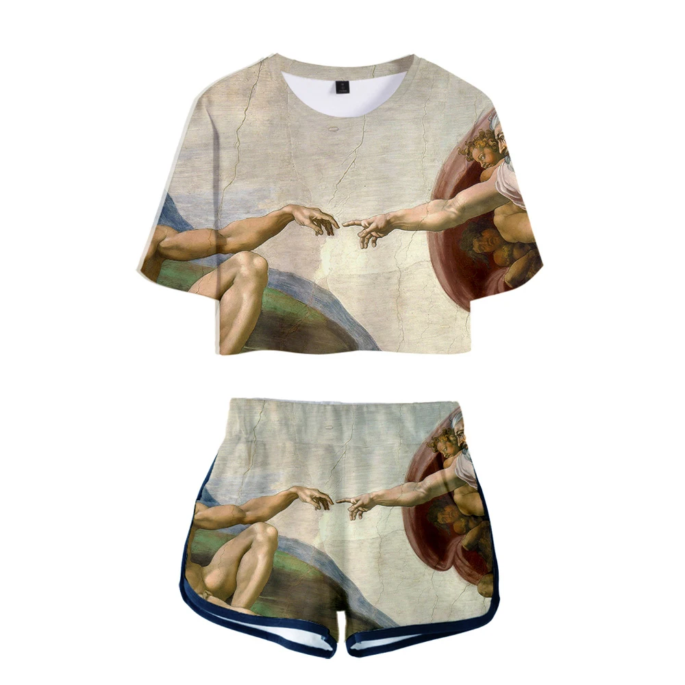 Womens Autumn Casual Navel Top Shorts  World famous painting art Two Piece Set Outfits Short Sport Jumpsuit Sets