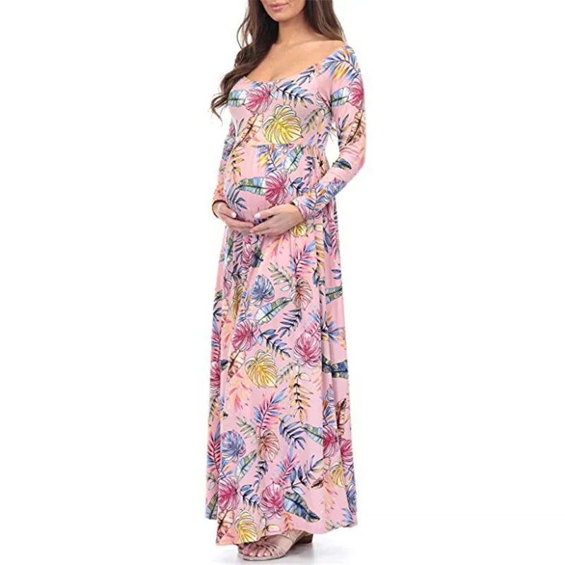 Модное платье для беременных с цветочным принтом; платье для беременных; платье для фотосессии; длинное платье для беременных; одежда для фотосессии для беременных женщин - Цвет: Pink floral