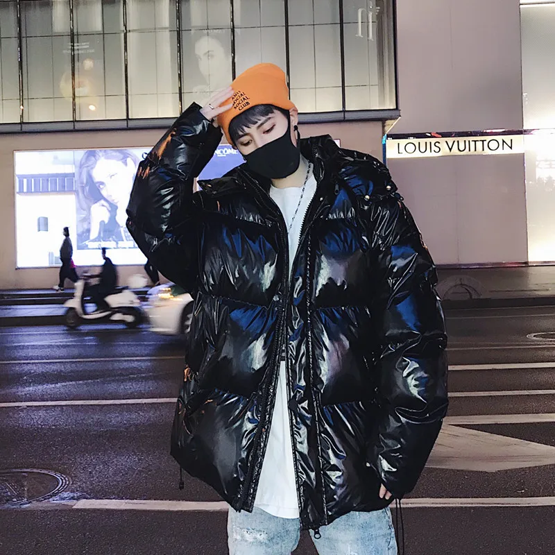 Корейская зимняя хлопковая куртка, пальто для мужчин,, новая мода, свободный, в стиле хип-хоп, глянцевый пуховик для мужчин, толстая, теплая, с хлопковой подкладкой, парка с капюшоном