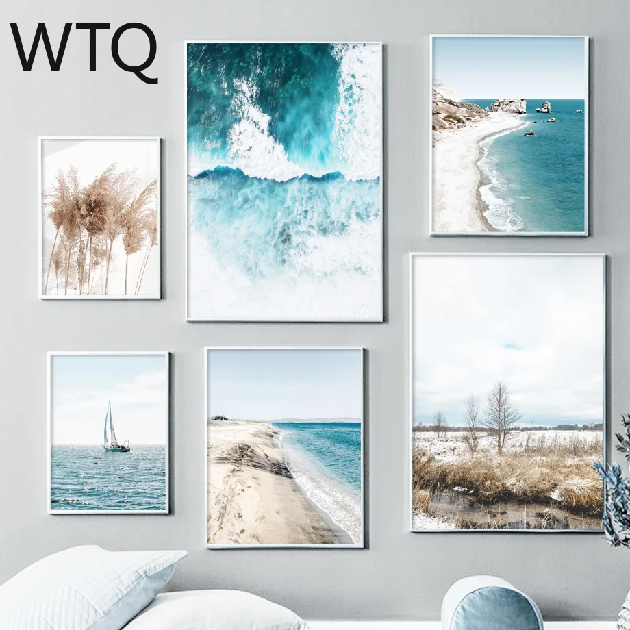 Canvas Painting Sea Bridge Reed Beach Sailboat Landscape Poster and Printed Wall Art Room Decoration SurpriseBox | Дом и сад