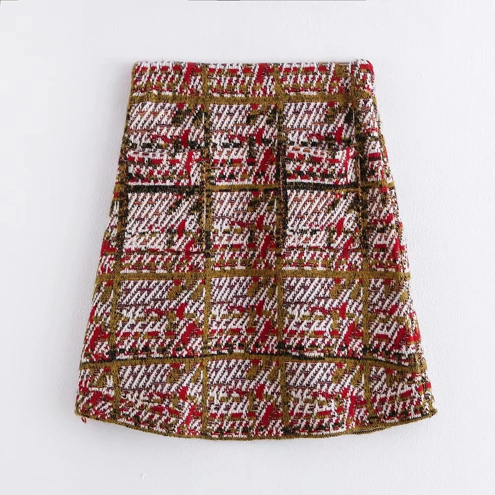 Tweed women plaid mini skirts winter fashion ladies patchwork short skirt female high waist pencil skirt girls jupe femme