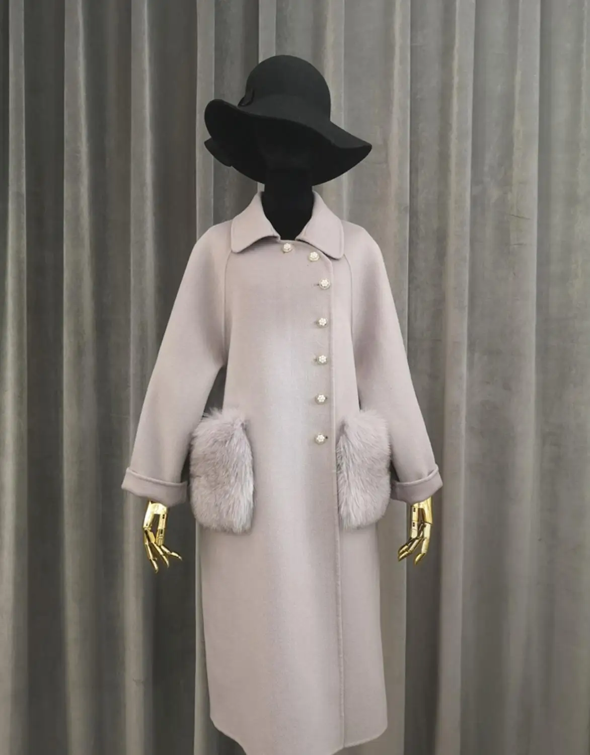 New Design Traditional Button Oblique Casaco Feminino Real Fox Fur Pockets Woman Coat Autumn Popular Outerwear Wool Coat - Цвет: Лаванда