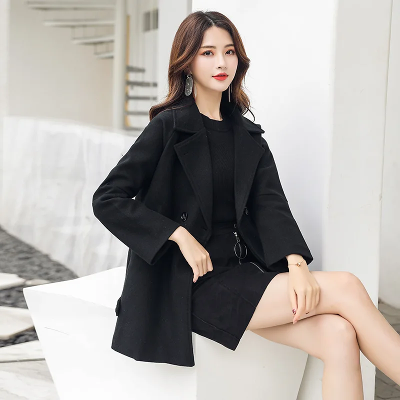 Черно-белая шерстяная куртка с узором Женская осенняя и зимняя одежда стиль короткий рост свободный крой Двусторонняя Ca