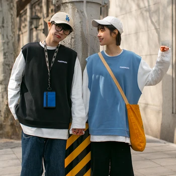 

2020 Spring And Autumn New Couple Fake Two-piece Sleeve Stitching Sweatshirt Fashion Casual Loose Round Neck Pullover Blue/Black