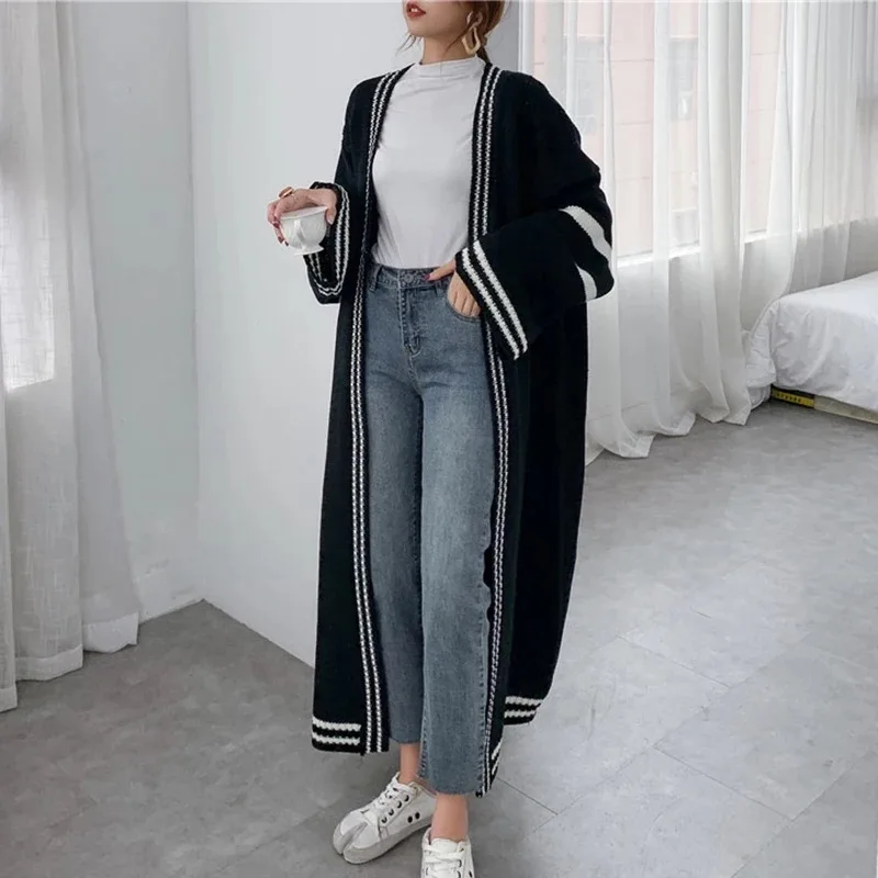 

Oversized Long Sweaters Autumn Winter New Women Fashion Loose Casual Stripped Long Cardigan Flare Sleeve Knitted Coat PH223