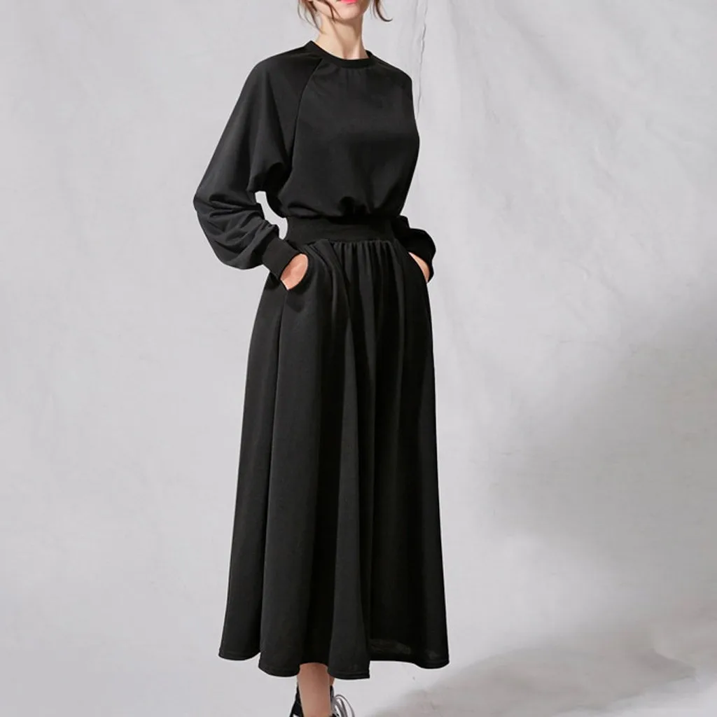 Богемное Ретро Черное однотонное женское платье Осень Зима Глубокий круглый вырез сексуальное шифоновое длинное платье с длинным рукавом Vestidos De# J30