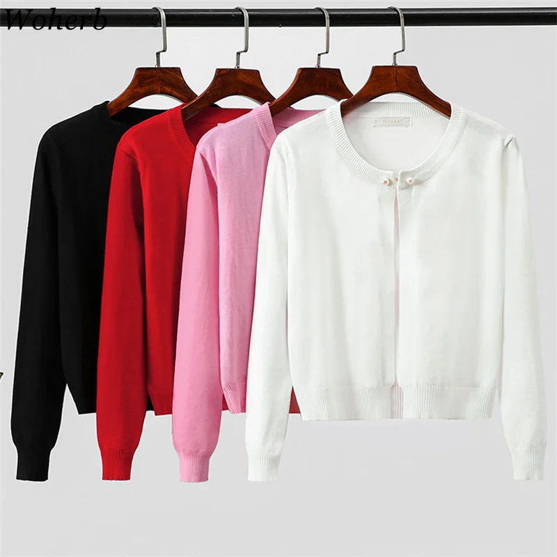 

Woherb Autumn Thin Cardigan Women Outwear Knitted Sweater 2019 Korean Girls Cute Sweaters Pearl Button Solid Cape Jacket Coat