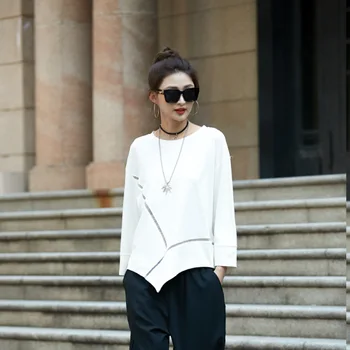 

Women 2020 Fashion Spring Black White Long Sleeve Round Neck Tops Street Style Solid Color Irregular Street Top Big Size