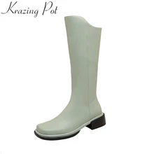 Krazing Pot superstar cow leather sewing riding boots med heels zipper sweet solid square toe office lady dating mid-calf boots