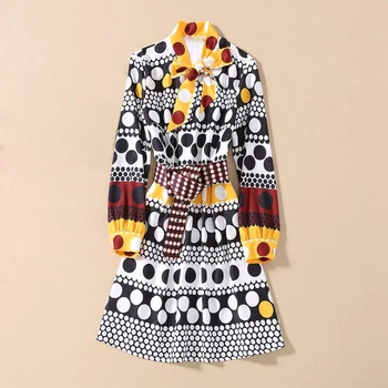 

Red RoosaRosee Designer 2020 Women Summer Holiday Party Dress Bow Collar Dot Print Mini Dresses Lady Vestidos Robe Femme + Belt