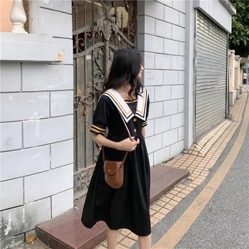 

Large Size Dress Large GIRL'S Summer Slimming by Age Hepburn Wind Black Dress French College Style hai jun ling Dress