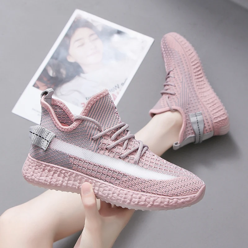

Women's Casual Shoes Fashionable Breathable Walking Mesh Lace Up Flat Sneakers Women's 2019 Black Grey Pink