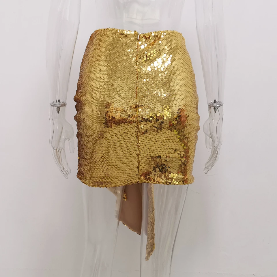 JillPeri/Женская мини-юбка с высокой талией и v-образным вырезом спереди, с рюшами, новая блестящая юбка с золотыми пайетками, наряд знаменитостей, Короткие Сексуальные вечерние юбки