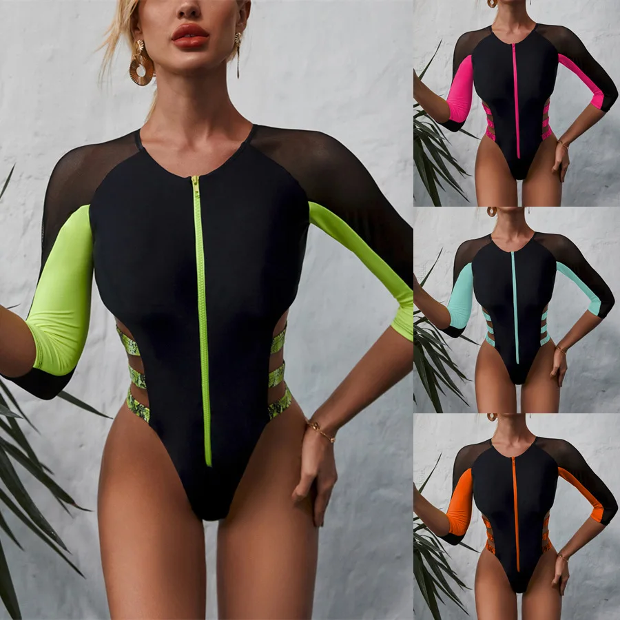 

WackDaria women swimsuit zipper mesh style 4 colors long sleeve with soft pad brazilian ladies bathing suit summer swimwear