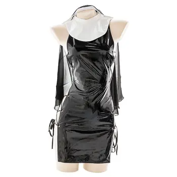 

Women Sexy Patent leather Nun Uniform Sleepwear Japanese Retro Simple Black Dress Underwear Suit Homewear Nightdress Cosplay