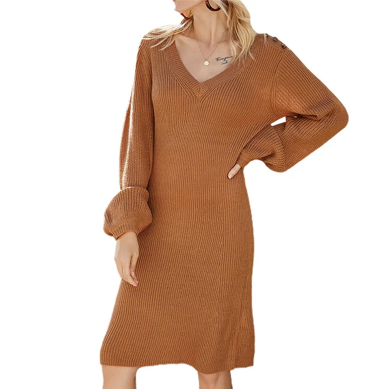 

2020 Long Slim Knit Solid Color Puff Sleeve V-Neck Base Sweater Dress